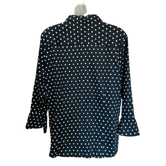 Foxcroft NYC Blouse Cotton Button Down Black White Polka Dots Fitted Size 14 - Picture 2 of 9